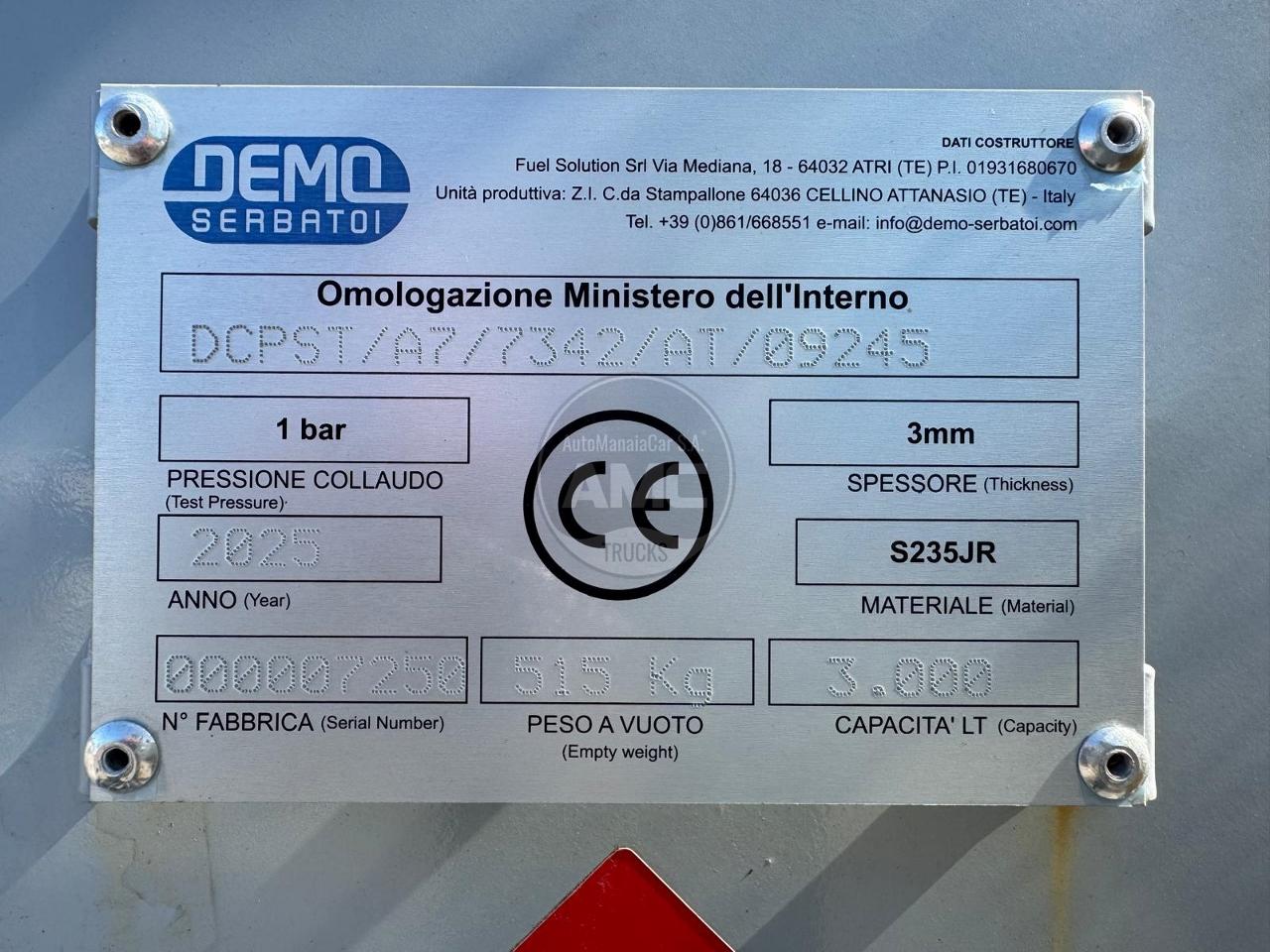 DEPÓSITO DE COMBUSTÍVEL DEMO SERBATOI 3000 LT NOVO FABRICO ITALIANO